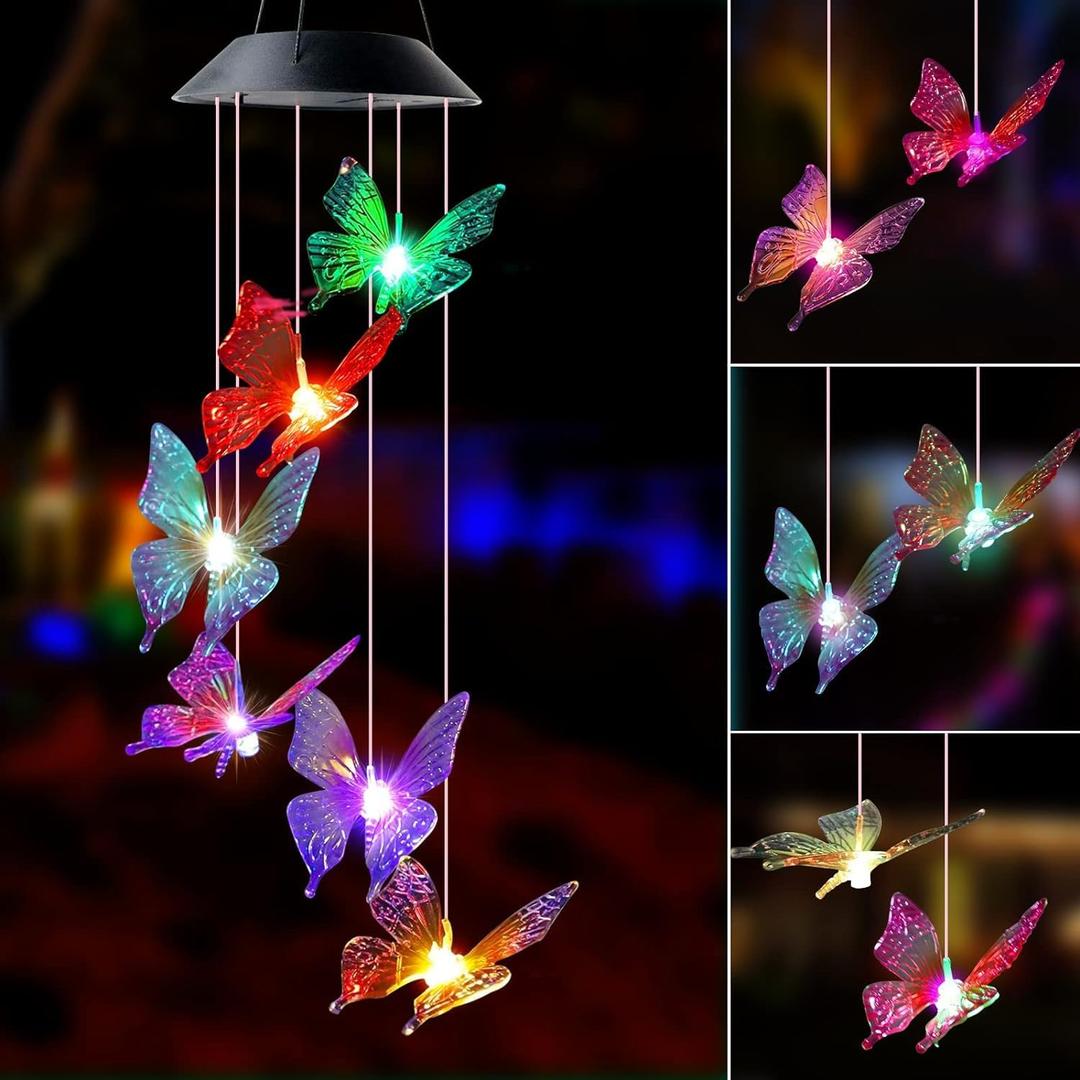 Solar Lights Outdoor Wind Chimes for Garden Yard Patio Porch Decor Hanging Butterfly Decorations, Birthday Gardening Gifts for Women