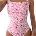 MakeMeChic Women's Floral Print Square Neck One Piece Swimsuit Ruched Bust Sleeveless Beach Cami Monokini (Medium, Pink)