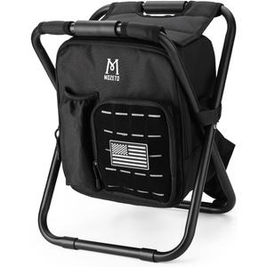 MOZETO Backpack Stool Cooler Chair with Molle Pocket and American Flag Patche, Portable Folding Fishing Stool for Outdoor Walking Hiking Camping (Black)