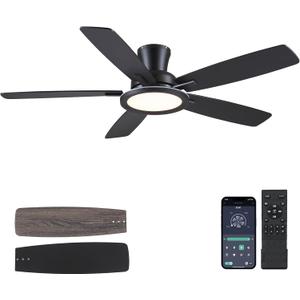 BYKISTOK 52" Flush Mount Ceiling Fan with Lights and Remote - Black Modern Ceiling Fan, Reversible and 5 Dual-Sided Blades, Low Profile Fan Light for Indoor Bedroom, Covered Patios