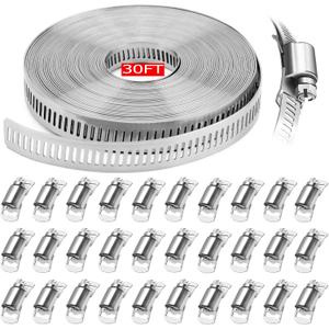 Hose Clamps 30FT Strap+30 Fasteners,DIY Cut-To-Fit 304 Stainless Steel Adjustable Large Worm Gear Band Clamp Assortment Kit,Metal Screw Fasteners and Strapping for Pipe,Duct,Pole,Tube