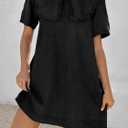 Wenrine Womens Summer Denim Mini Dress Oversized Peter Pan Collar Short Sleeve Casual Flowy Babydoll Jean Dresses (Black), Medium