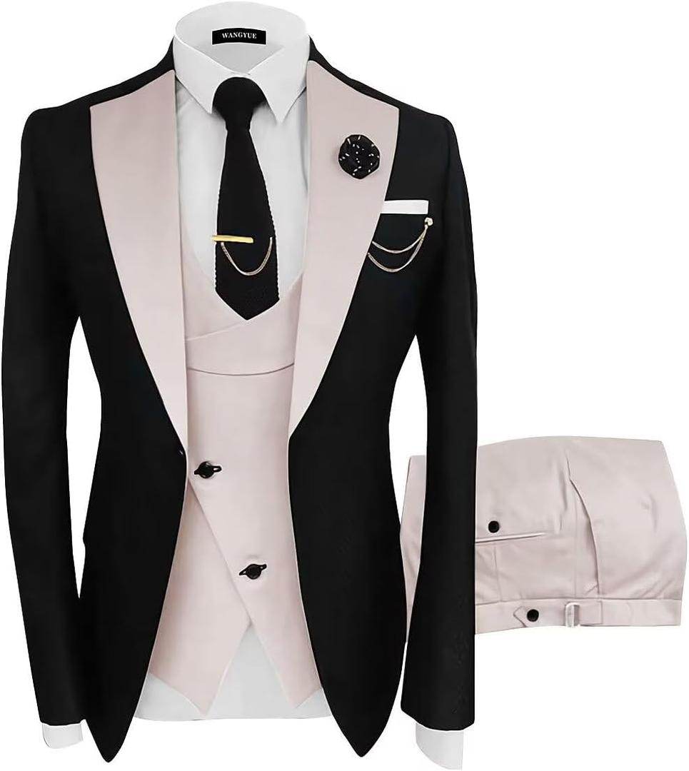 Wangyue Mens Suit 3 Piece Slim Fit Suits for Men Wedding Prom Tuxedo for Men Formal Business Suit (Small, Black-beige)