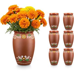 6Pcs 15oz Cantaritos De Barro,Dia De Los Muertos Vases Set,Terracotta Vase for Mexican Decor,Jarritos De Barro Mexicanos Pottery Cocktail Glasses for Tequila,Margaritas (Flowers)