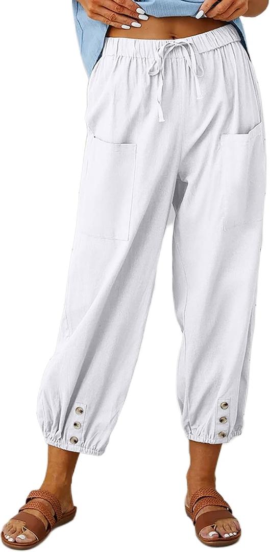 HangNiFang Cotton Linen Capri Pants for Women High Elastic Waisted Drawstring Cropped Pants with Pockets (Small, White)