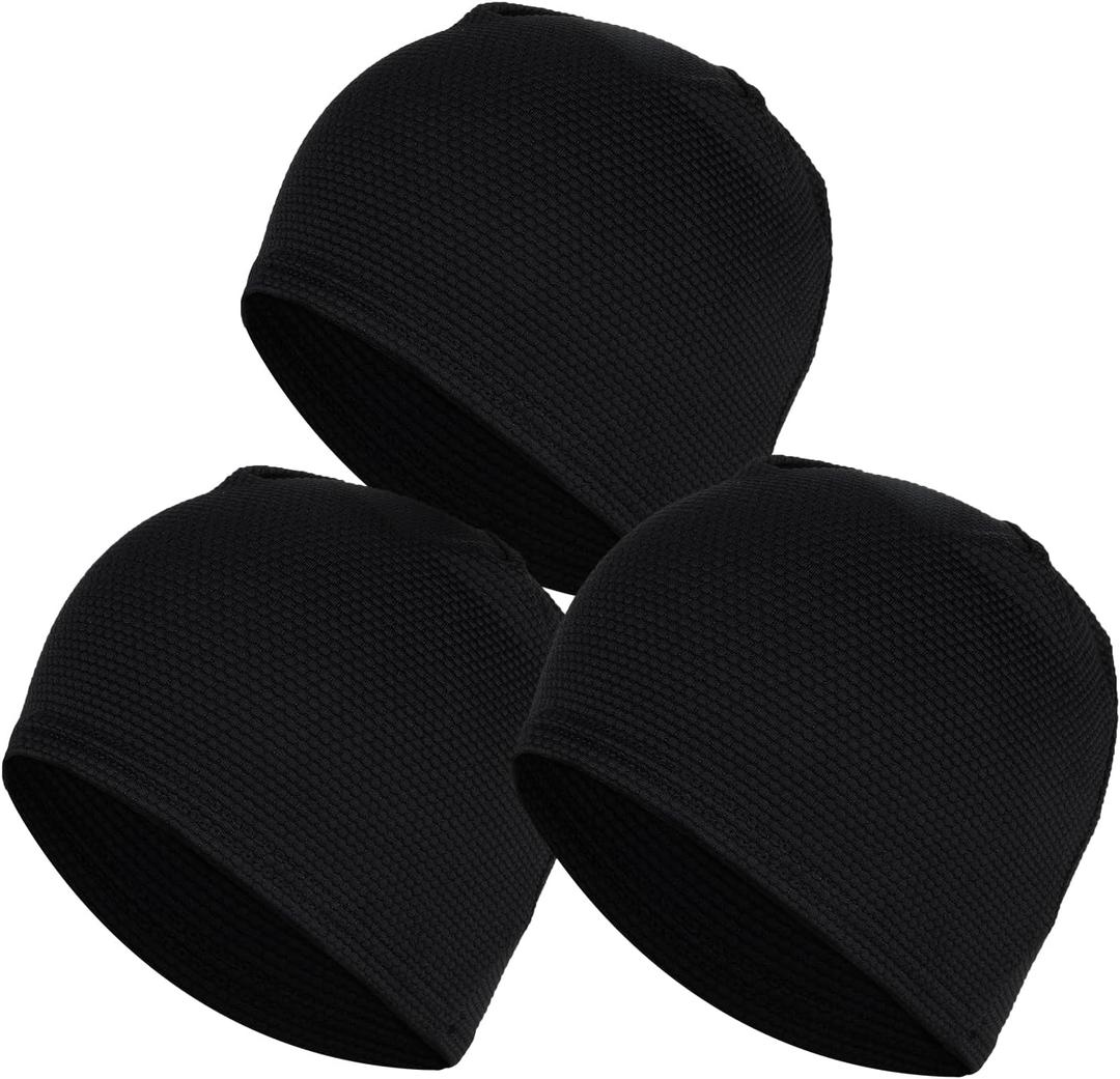 3-Pack Cooling Skull Caps for Men & Women, Soft Nylon Breathable 3D Mesh Helmet Liner, Moisture Wicking Cycling Cap (Black)