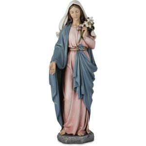 Blessed Mother Statue - 14 Inch Saint Mary Holding Lilies Figure Elegant Home Decor, Hand Painted Madonna Virgin Mary Statue Renaissance Collection (Full Color)
