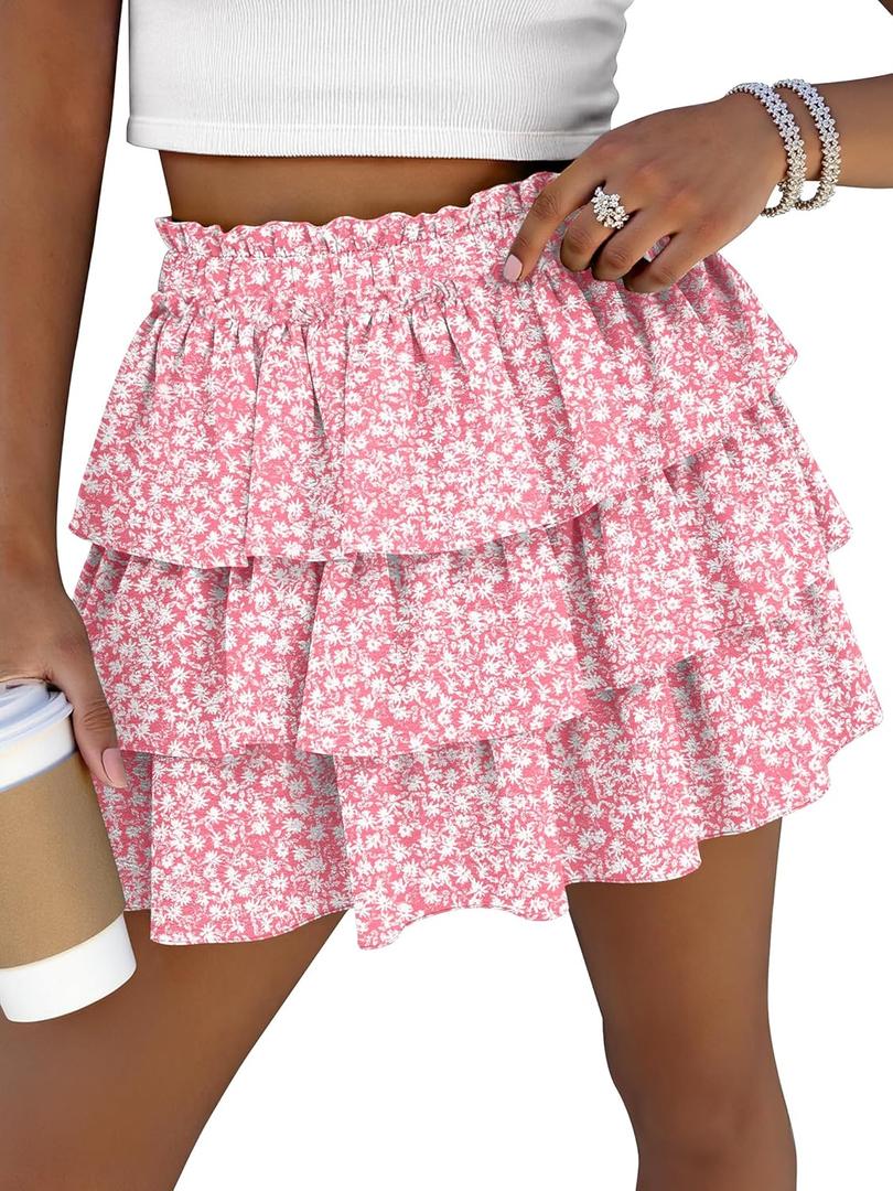 Caracilia Summer Skorts for Women Flowy High Waist Ruffle Tiered Mini Skirts 2026 Casual Beach Vacation Skirt Built-in Shorts (X-Large, Pink White Floral)