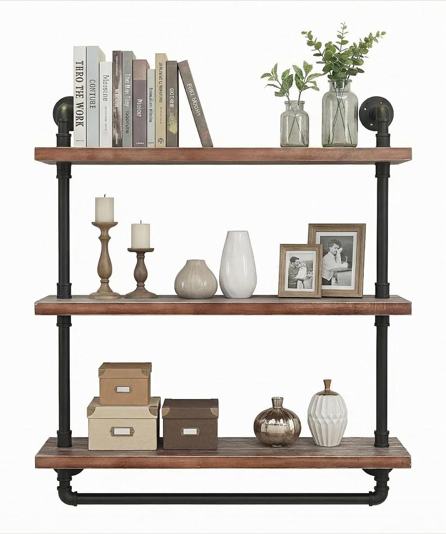 Industrial Wall Mounted Iron Floating Pipe Shelves/Shelving/Racks/Storage/Bookcases/Brackets, DIY Open Bookshelves/Shelving for Kitchen/Office, Retro Black (3-Tier Floating Shelves), 9.84''D x 24''W x 22.15''H