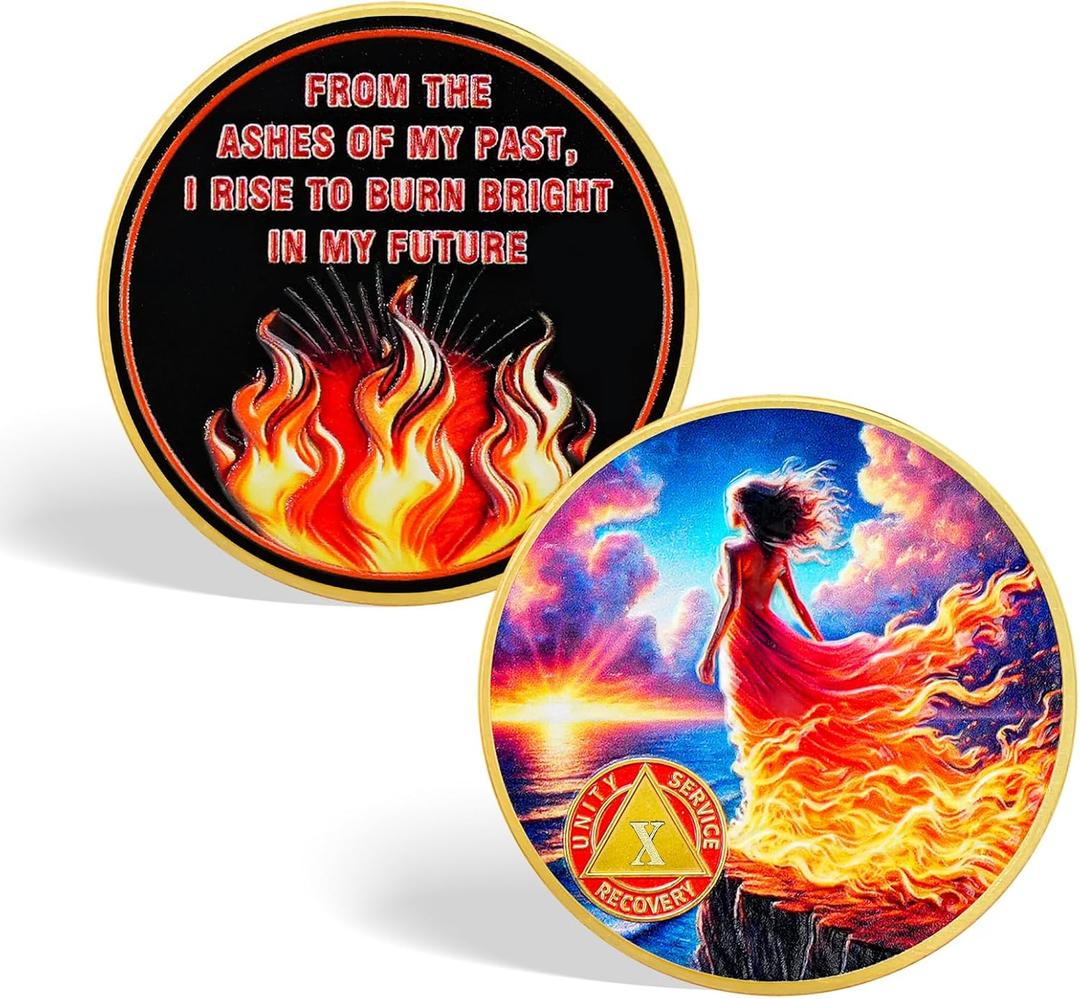 CHURYUML Born from The Flames 10 Year Sobriety Coin - Affirmation Ten Year Sober Chip, Empowering Sobriety Gifts for Women Inspirational AA Coins Recovery Medallions Alcoholics Anonymous Token