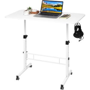 Standing Desk Adjustable Height, Rolling Walking Pad Desk, Small Mobile Table with Wheels, Portable Stand Up Table for Standing or Sitting, Size 31.5x15.7 Inch White