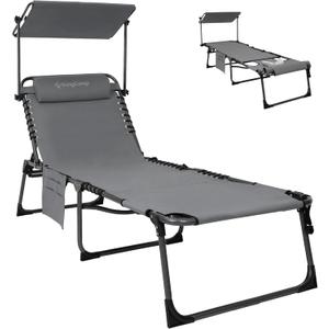 KingCamp Tanning Chair with Face Hole, Lounge Chairs Outdoor Folding Comfy Adjustable 5-Position Foldable Chaise Chaser with Canopy Shade for Outside Beach Patio Sun Bathing Pool, Grey