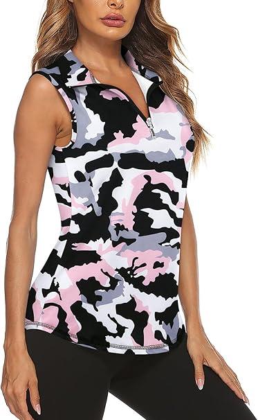 Koscacy Women's Sleeveless Golf Tennis Polo Shirts Zip Up Dry Fit Workout Tank Tops Athletic Shirt, Medium