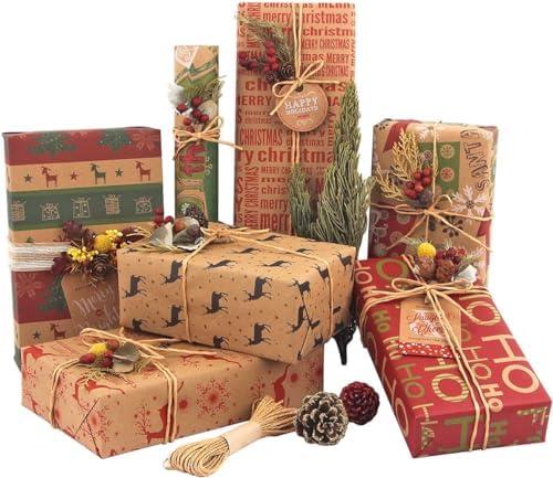 SmoTecQ Christmas Wrapping Paper Sheets – 12 Folded Sheets 70x50cm, 6 Vintage Kraft Designs, Made from Recycled Paper – Includes 10m Jute String & 10 Gift Tags