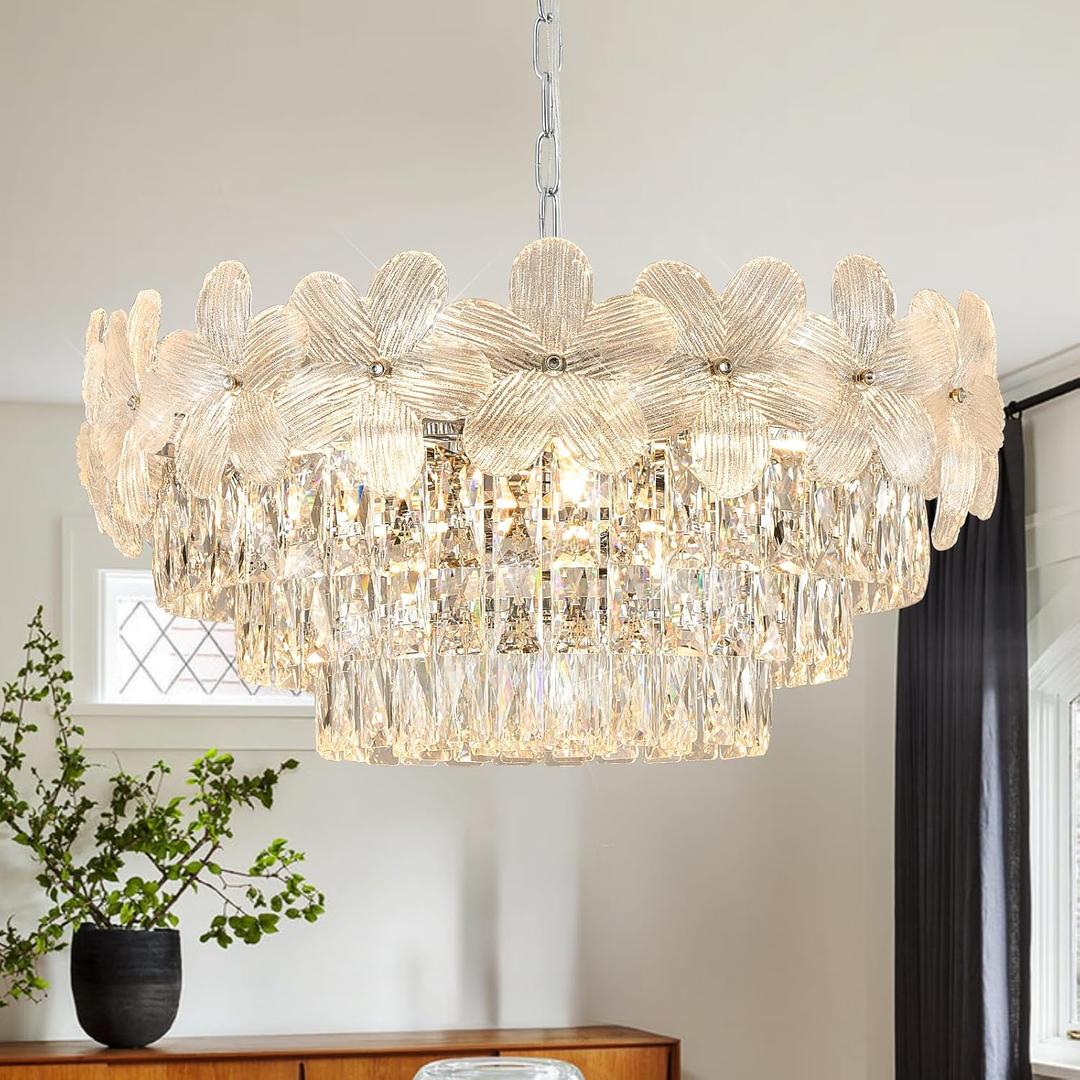 Chrome Modern Flower Crystal Chandelier 11 Lights 6-Tier Luxury Chandelier Light Fixture 24" for Living Dining Room Kitchen Entryway Bedroom Foyer, E12