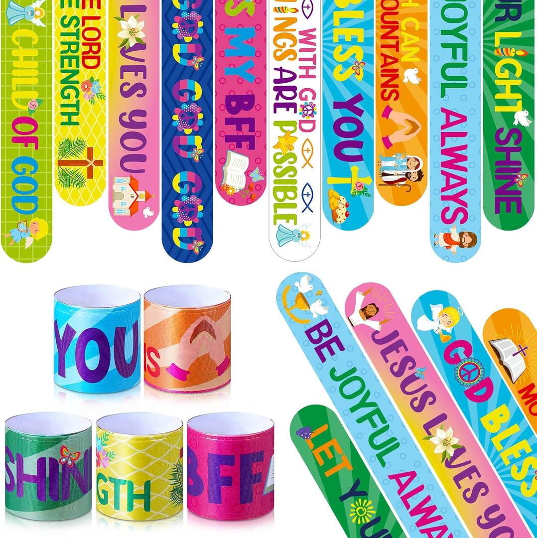 Frienda 40 Pcs Bible Verses Religious Christian Slap Bracelets for VBS Jesus Love You Wristbands Inspirational Motivational Nativity Slap Bracelet Sunday Supplies He Is Risen(Motivational)