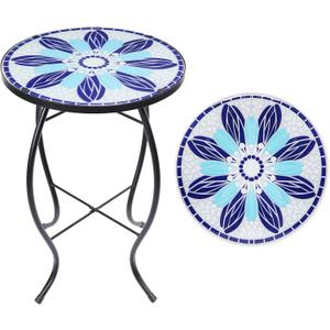 VCUTEKA Patio Side Table Outdoor Accent Table Bistro Coffee Table Plant End Table Small Porch Tables Indoor Round Glass Balcony Blue Flowers 14 inches