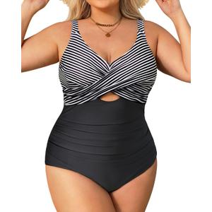 Daci Plus Size One Piece Swimsuits - Tummy Control Bathing Suit for Women Cutout Swimwear (Black Striped) 18W
