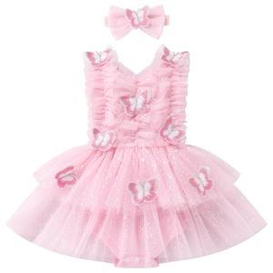 Baby Girl Butterfly Romper Dress Toddler Sparkly 1st Birthday Cake Smash Outfits Infant Ruffle Sleeve Christening Baptism First Communion Dresses Newborn Pageant Clothes Pink 3-6 Months (Pink)