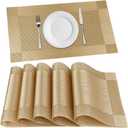 FGSAEOR Placemats Set of 6, Place Mats for Kitchen Dining Table, Heat-Resistant Anti-Skid Stain Washable PVC Table Mats, Easy to Cleaning Woven Vinyl Dinner Mats, Gold