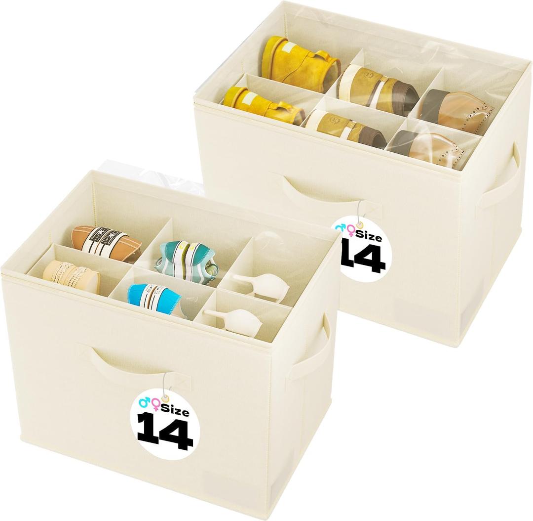 Fabric Shoe Storage Bins for Men Size 14, Shoe Organizer for Closet with Clear Cover and Adjustable Dividers, 6-Slot Shoe Storage Box Fits Up to 6 Pairs, 2Pack, Beige