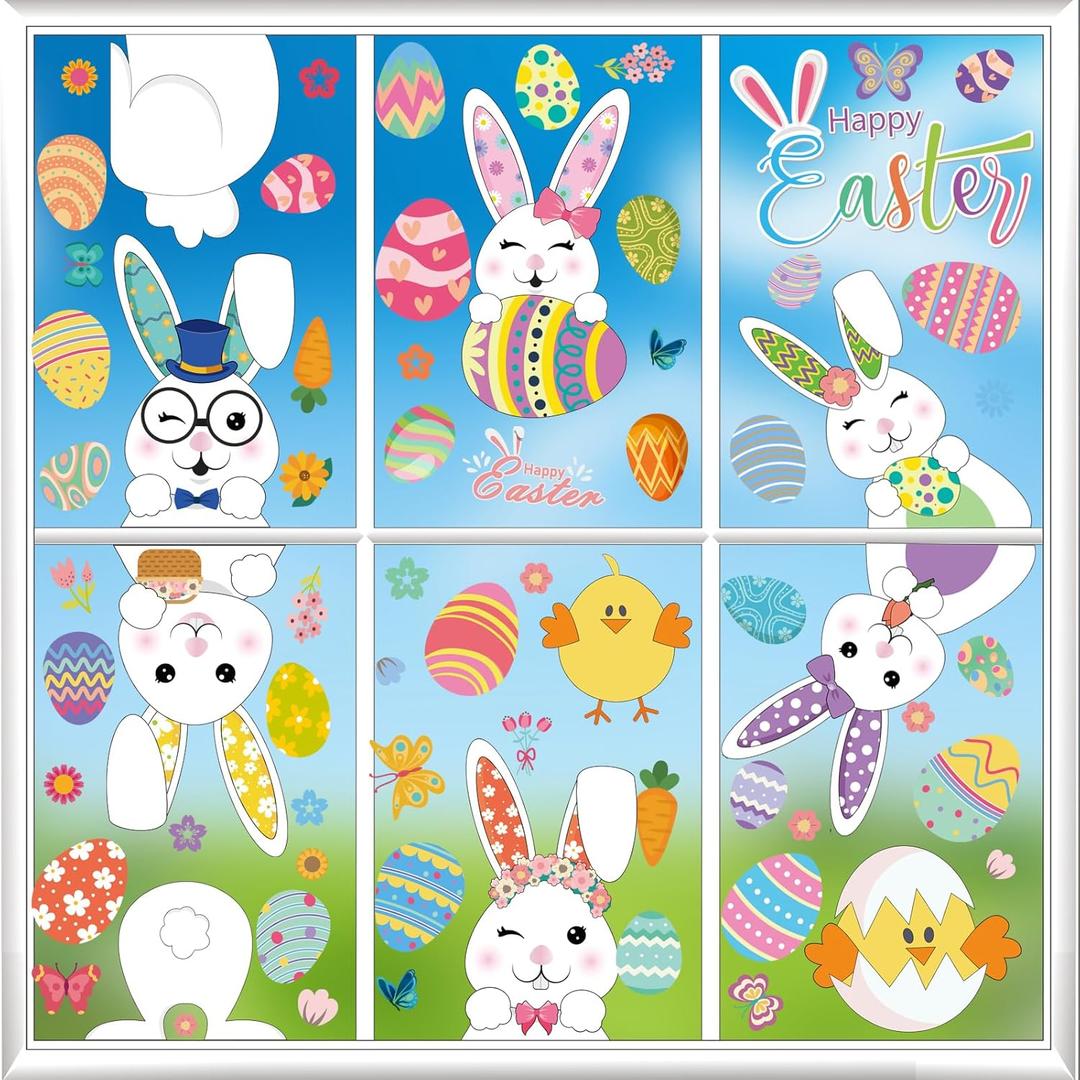 2 x 140 PCS Easter Window Clings - 9 Sheets Double-Sided Large Reusable Rabbit & Egg Stickers, Static Glass Decals for Home Office School Spring Easter Decor