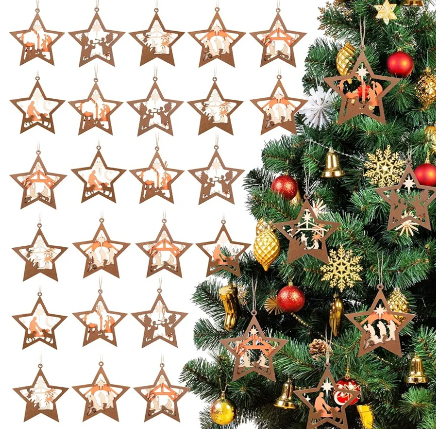 Remerry 24 Pcs Christmas Nativity Scene Ornament Star Shaped Wooden Hanging Ornament Christian Religious Gift for Xmas Tree Decor The Birth of Jesus Celebration