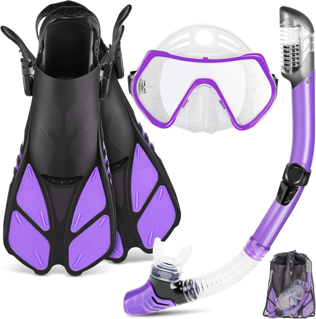 ZEEPORTE Mask Fin Snorkel Set, Travel Size Snorkeling Gear for Adults with Panoramic View Anti-Fog Mask, Trek Fins, Dry Top Snorkel and Gear Bag for Swimming Training, Snorkeling Kit Diving Packages (S/M, Purple)