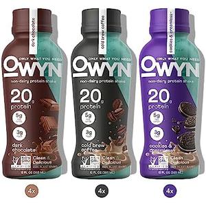 OWYN Protein Shake Variety Pack, Dark Chocolate, Cold Brew Coffee, Cookies and Creamless Flavored Protein Shakes, 20g Protein, 4g Sugar, 3g Fiber, Dairy Free, Plant Based Protein Drink, 12 Count (BB 06 Dec 2025)