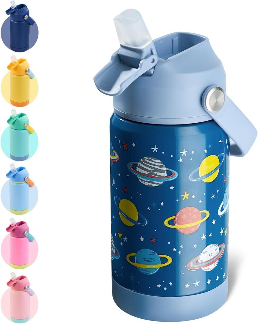 Kerilyn 12oz Kids Water Bottle, Stainless Steel Insulated Water Bottle For Kids, Toddler Cup With Straws Leak-proof, Kids Water Bottles For School Boys Girls, BPA Free, Planet