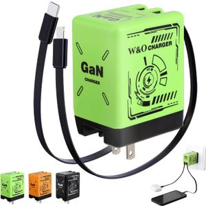 W&O 2-in-1 GaN Compatible with Fast Charger, GaN Charger Fast Charging, Retractable Phone Chargers Wall Plug with Lightning and Type-C Cables, Foldable Chargers for iPhone&Most Android, Green