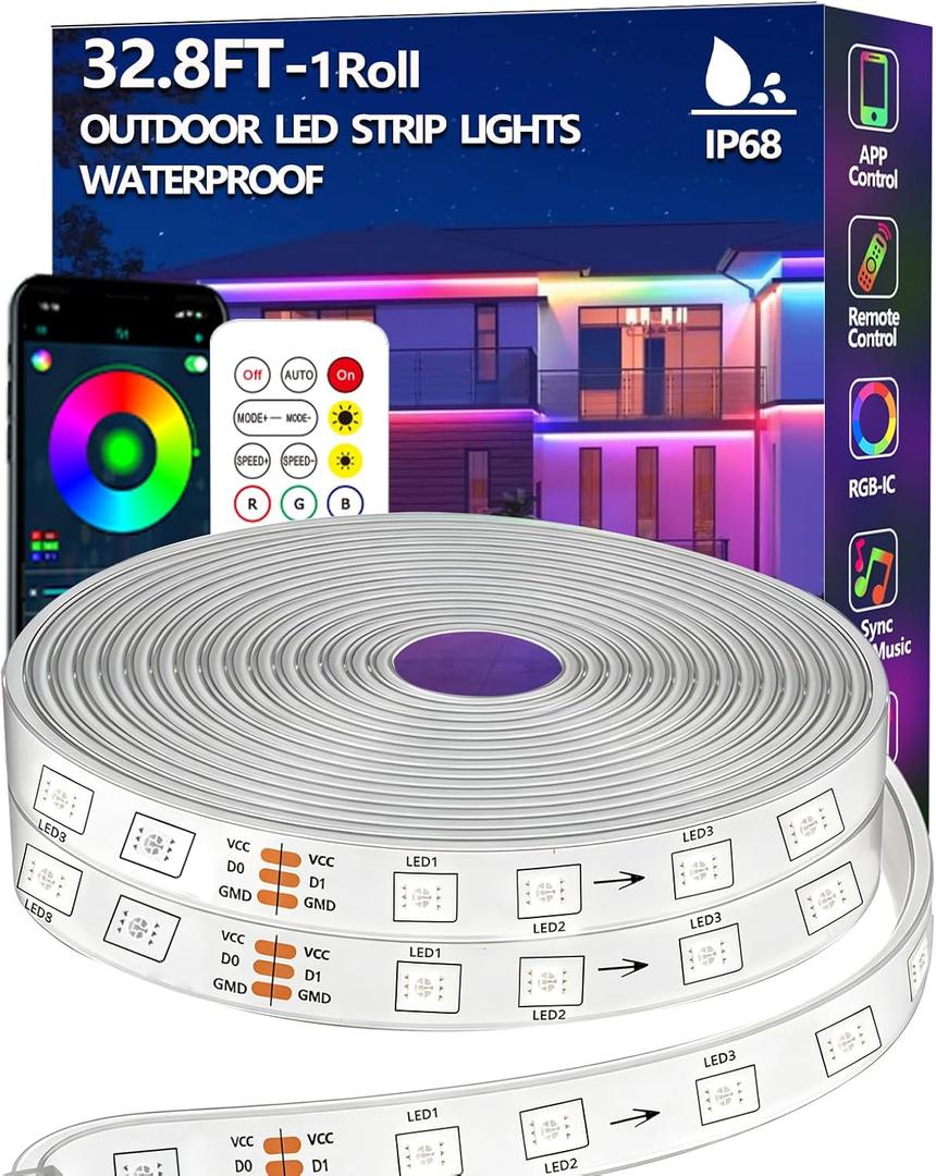 32.8FT Outdoor LED Strip Light Waterproof, IP68 Outside RGB Light Strip with App/Remote Control, Chase Mode, Music Sync Rope Light for Balcony, Deck, Rooftop, Garden, Pool