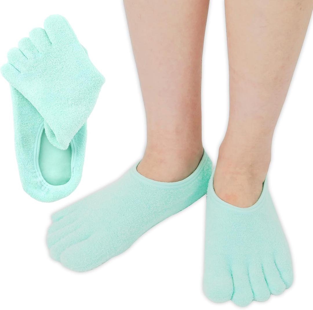 5-Toe Gel Moisturizing Socks for Dry Cracked Heels - Aloe & Shea Infused Hydrating Foot Care, Soft Fuzzy Spa Socks for Women & Men (Large)