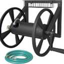 Triangle Wall Mounted Garden Hose Reel, Outdoor Heavy-Duty Water Hoses Holder Winder, Holds 125 Ft of 5/8-Inch Hose, with 3.9 ft Leader Hose, Brass Fitting, Storage Basket for Yard, Black