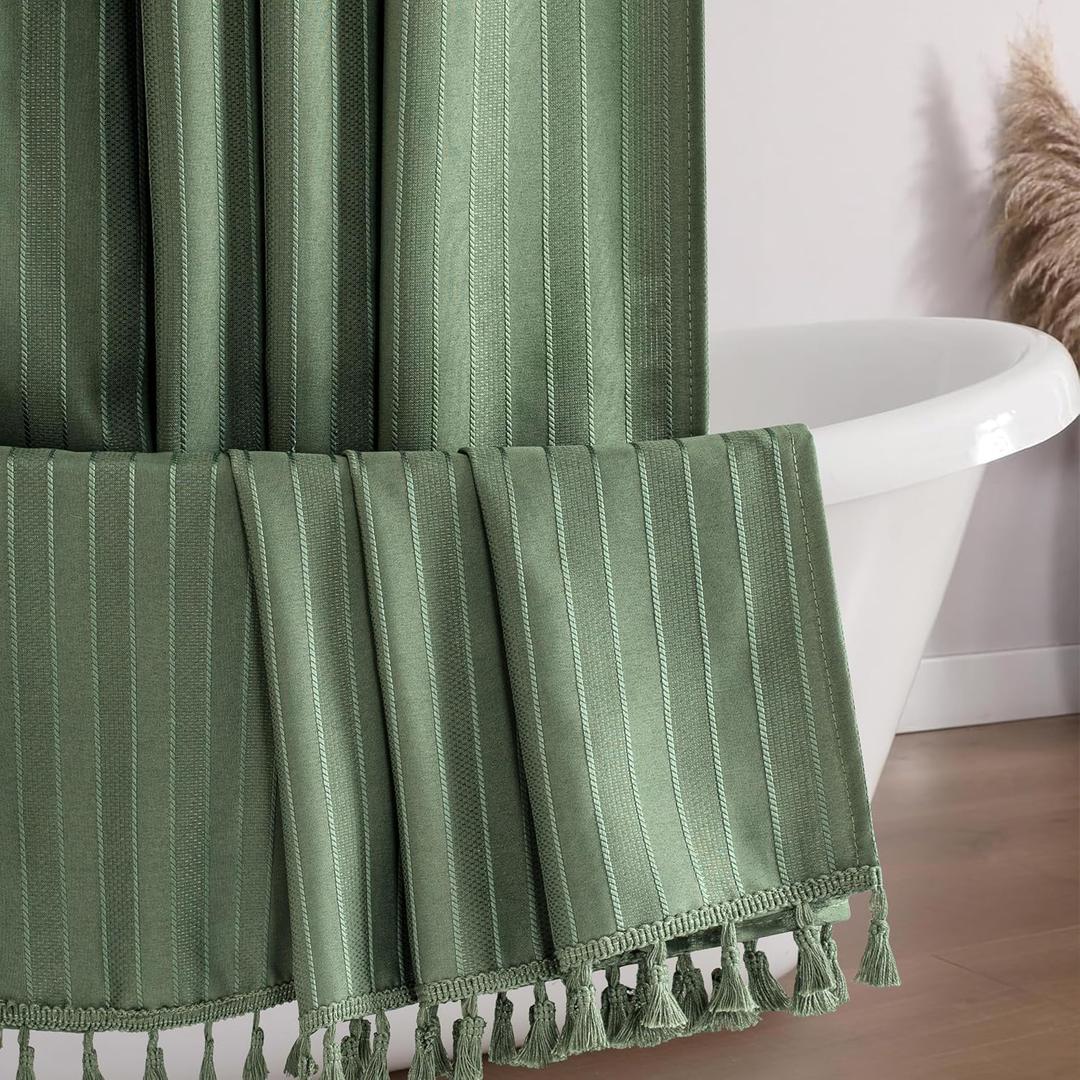 Seasonwood Sage Green Boho Shower Curtain with Tassel 72" W x 72" L Farmhouse Striped Shower Curtains for Bathroom Fabric Shower Curtains Bath Decor