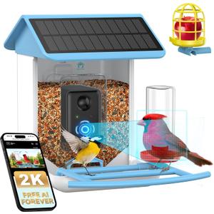 Bird Feeder with Camera No Subscription-Free AI Forever for 1,1000+ Birds Identification, 2K HD & 5MP Night Vision, Record Video Live View, 64GB Card, App Alerts, Gifts for Bird Lovers (Sky Blue)