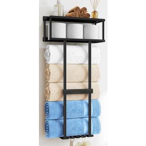Bathroom Towel Storage Rack, Metal Towel Racks Wall Mounted Can Holds 5 Large Towels, 30.5IN Bathroom Towel Holder with Shelf & Storage Basket, Towel Organizer with 3 Hooks for RV, Apt, Black