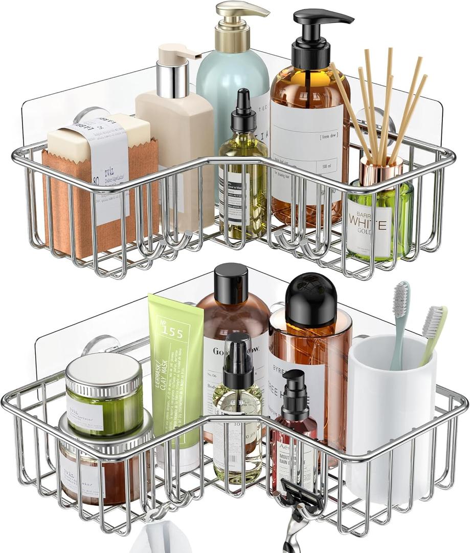 SMARTAKE 2-Pack Corner Shower Caddy, Adhesive Bath Shelf with Hooks, SUS304 Stainless Steel Storage Organizer for Bathroom, Toilet, Kitchen and Dorm, Only for 90 Degrees Right Angle, Silver