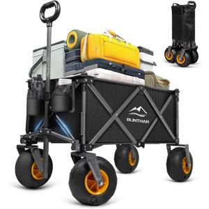 Beach Wagon with Big Wheels for Sand, Heavy Duty Collapsible Folding Wagon with All-Terrain 9" Pneumatic Tires & Drink Holders, Utility Wagon for Garden Sports Camping Outdoor Activities (Black)