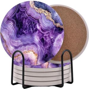 Purple Agate Marble Round Coasters Set of 6 - Abosrbent Ceramic Coasters with Metal Stand for Drinks, Coffee, Non-Slip Cork Back for Tabletop Protection, 4 Inches Marbled Pattern (Amethyst)