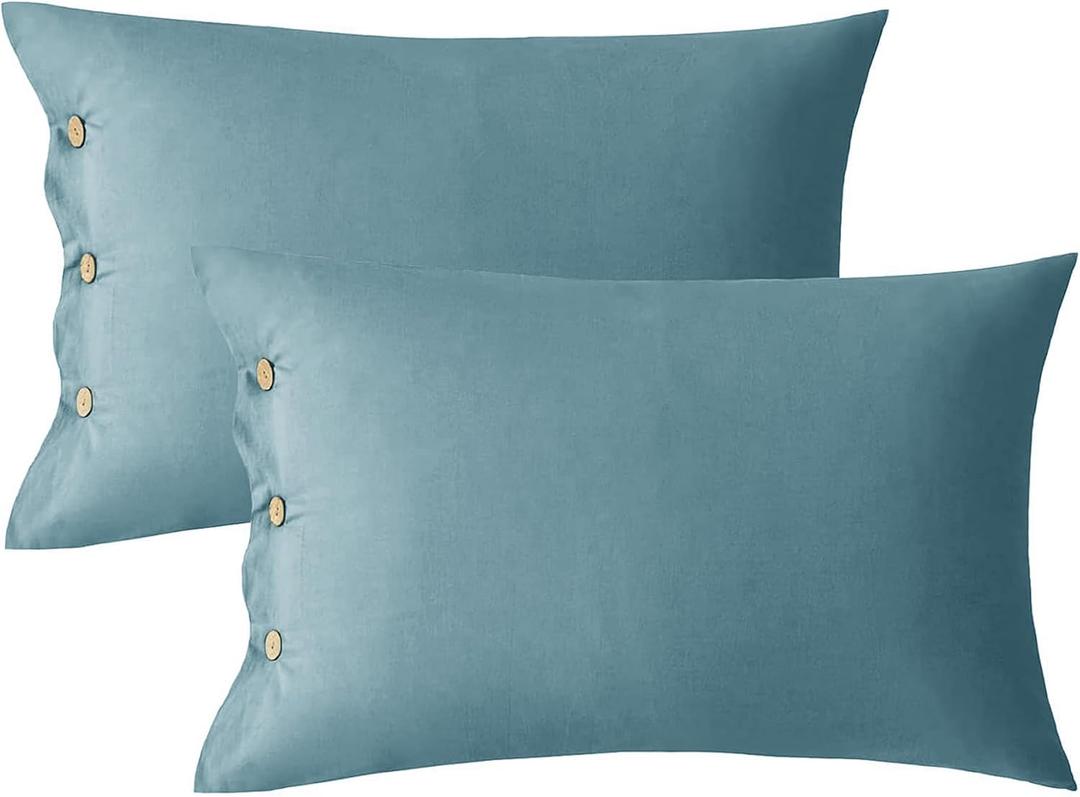 JELLYMONI Pillowcases Set of 2 Cotton Button Pillow Covers 20×26in Grayish Blue Bed Pillow Cases 100% Washed Cotton Soft Breathable (Pillows are not Included)