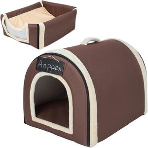 ANPPEX Small Igloo Dog House Indoor,M Size Dog Cave for Small Dogs and Cats,2-in-1 Washable Covered Dog Bed,Brown (M(pets up to 11 lbs))