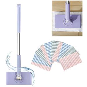 Saker Snap Grip Mini Mop, 360 Swivel Head Lazy Mop for Floors & Walls, Hands-Free Cloth Change, Adjustable Handle for Wet/Dry Multi-Surface Cleaning (Purple+10*Cloth)