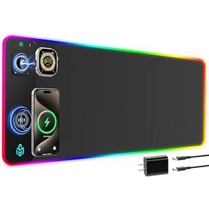 GIM RGB Gaming Mouse Pad with Simultaneous Charging for Phone & iWatch, LED Mouse Mat 800x300x4MM, 14 Light Modes, NonSlip Rubber Base, Computer Keyboard Mat for Gaming, 20W PD Adapter Included