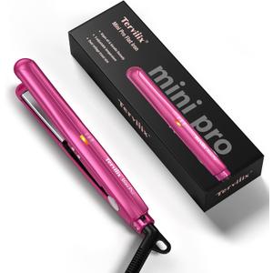 Terviiix Mini Flat Iron Adjustable Temperature, Travel-Size Mini Hair Straightener, Small Flat Irons for Short Hair/Curls Bangs, Ceramic Portable Tiny Hair Curler, Dual Voltage, Auto-Off, Pink, 1/2'' (Hot Pink)
