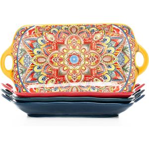 Boho Ceramic Serving Platters with Handles Set of 4, 12Inch Large Serving Dishes for Entertaining, Colorful Cute Porcelain Serving Plates for Sandwich, Appetizer, Fruit, Microwave Oven Safe Mix-color