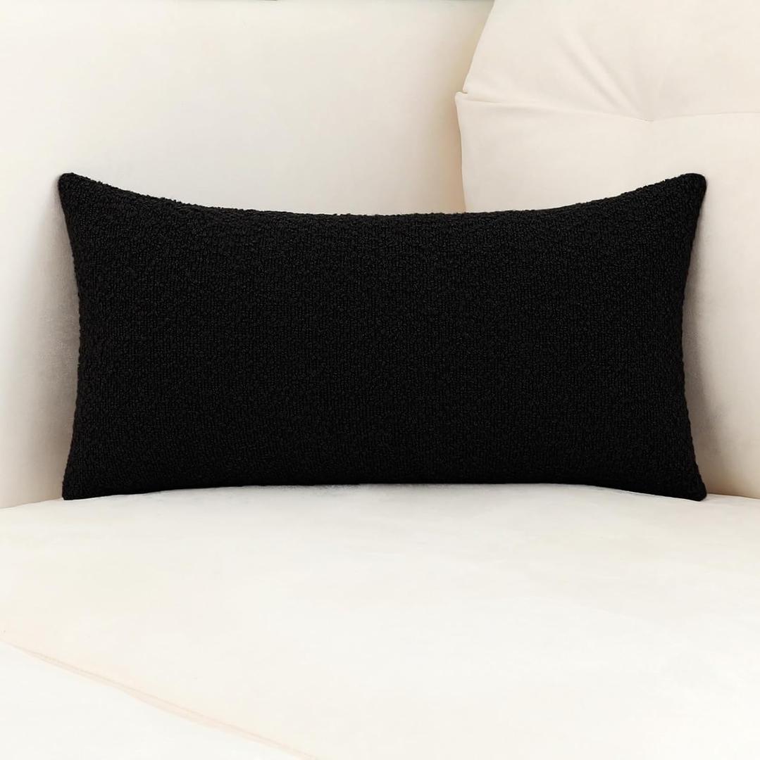 Jeneoo Black Decorative Lumbar Thick Throw Pillow Covers Fine Textured Boucle Couch Cushion Case for Sofa Decor, Set of 1, 14 x 36 Inch