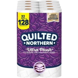 Quilted Northern Ultra Plush Toilet Paper, 32 Mega Rolls = 128 Regular Rolls, 3-Ply Bath Tissue, 8 Count (Pack of 4)