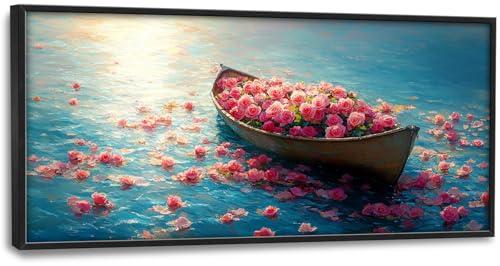 Large Lake Floral Landscape Wall Art for Living Room, Nature Boat Flower Canvas Oversized Wall Decor, Rose Scenery Framed Pictures Painting Print Artwork for Bedroom Office 60L x 30W