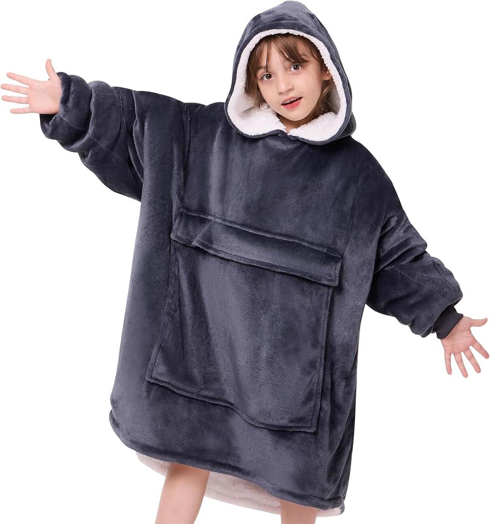 yescool Wearable Blanket Hoodie Kids, Oversized Blanket Sweatshirt with Sherpa Teen Girl Gifts for Kids, Youth, Boys, Girls, 8-15 Year Old Girl Boy Gift Warm Teen Wearable Blankets, One Size, Grey (Child)